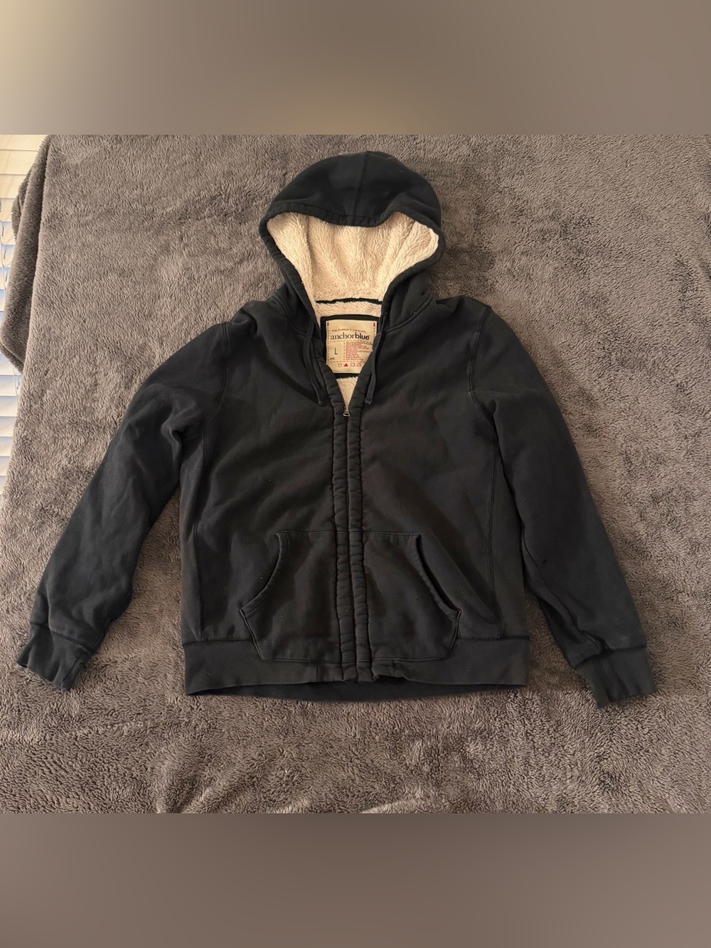 anchor blue Black Hooded Jacket with Cream Sherpa Lining